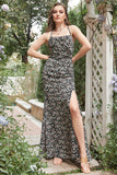 Sheath Halter Black Flower Printed Long Bridesmaid Dress