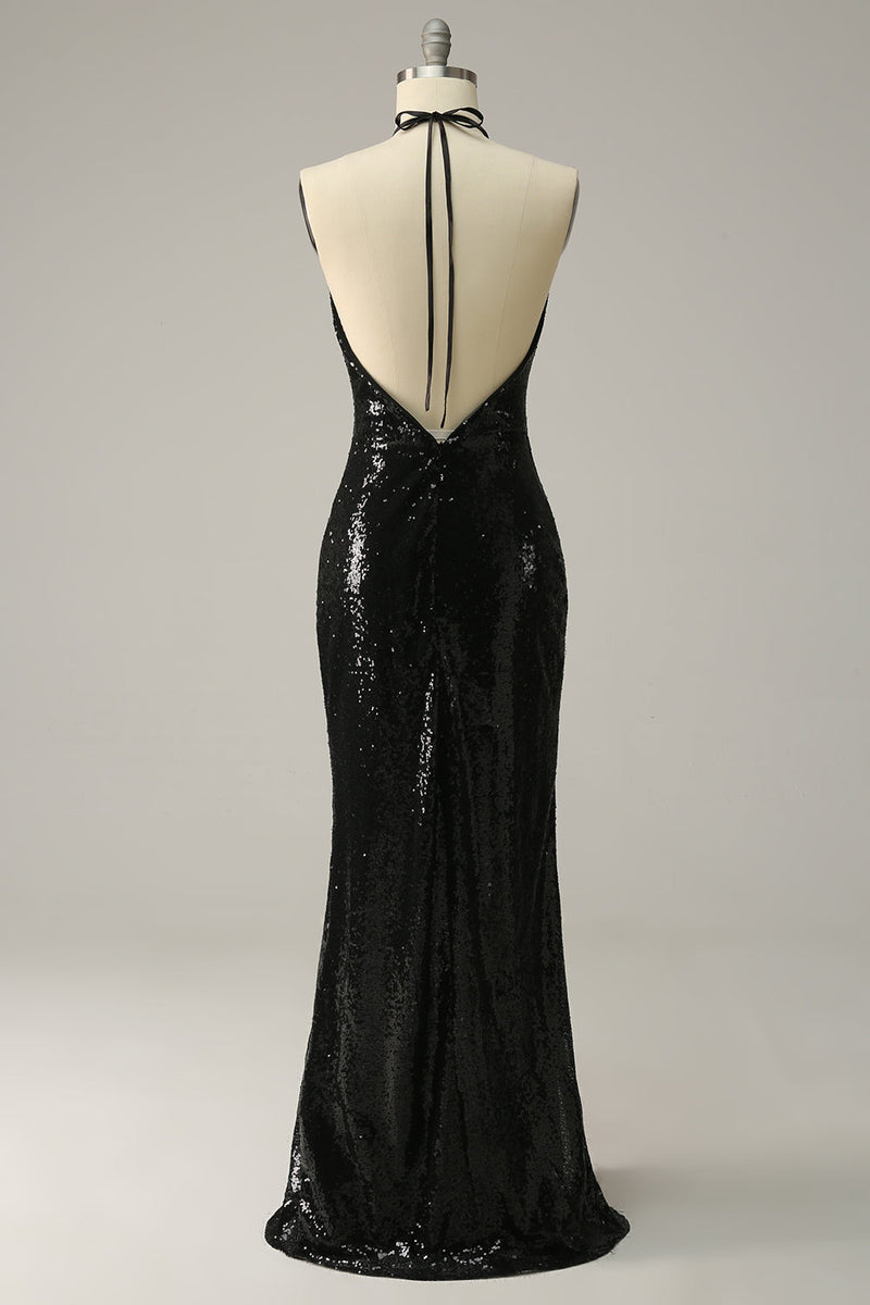 Load image into Gallery viewer, Sheath Halter Black Sequins Plus Size Prom Dress with Open Back