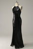 Load image into Gallery viewer, Sheath Halter Black Sequins Plus Size Prom Dress with Open Back