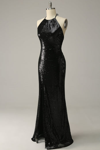 Sheath Halter Black Sequins Plus Size Prom Dress with Open Back