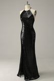 Sheath Halter Black Sequins Plus Size Prom Dress with Open Back