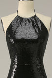 Sheath Halter Black Sequins Plus Size Prom Dress with Open Back