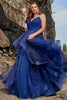 Load image into Gallery viewer, A Line Spaghetti Straps Navy Plus Size Prom Dress