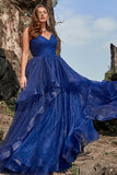 A Line Spaghetti Straps Navy Plus Size Prom Dress