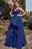 A Line Spaghetti Straps Navy Plus Size Prom Dress