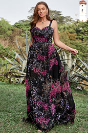 A Line Spaghetti Straps Black Mixed Flower Plus Size Prom Dresses