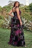 A Line Spaghetti Straps Black Mixed Flower Plus Size Prom Dresses