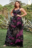 A Line Spaghetti Straps Black Mixed Flower Plus Size Prom Dresses