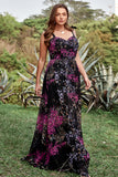 A Line Spaghetti Straps Black Mixed Flower Plus Size Prom Dresses