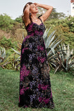 A Line Spaghetti Straps Black Mixed Flower Plus Size Prom Dresses