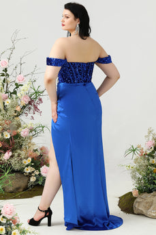 Sheath Off the Shoulder Royal Blue Plus Size Prom Dress with Split Front