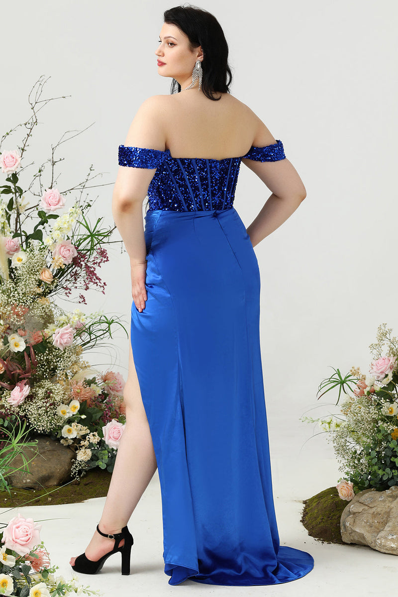 Load image into Gallery viewer, Sheath Off the Shoulder Royal Blue Plus Size Prom Dress with Split Front
