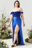 Sheath Off the Shoulder Royal Blue Plus Size Prom Dress with Split Front