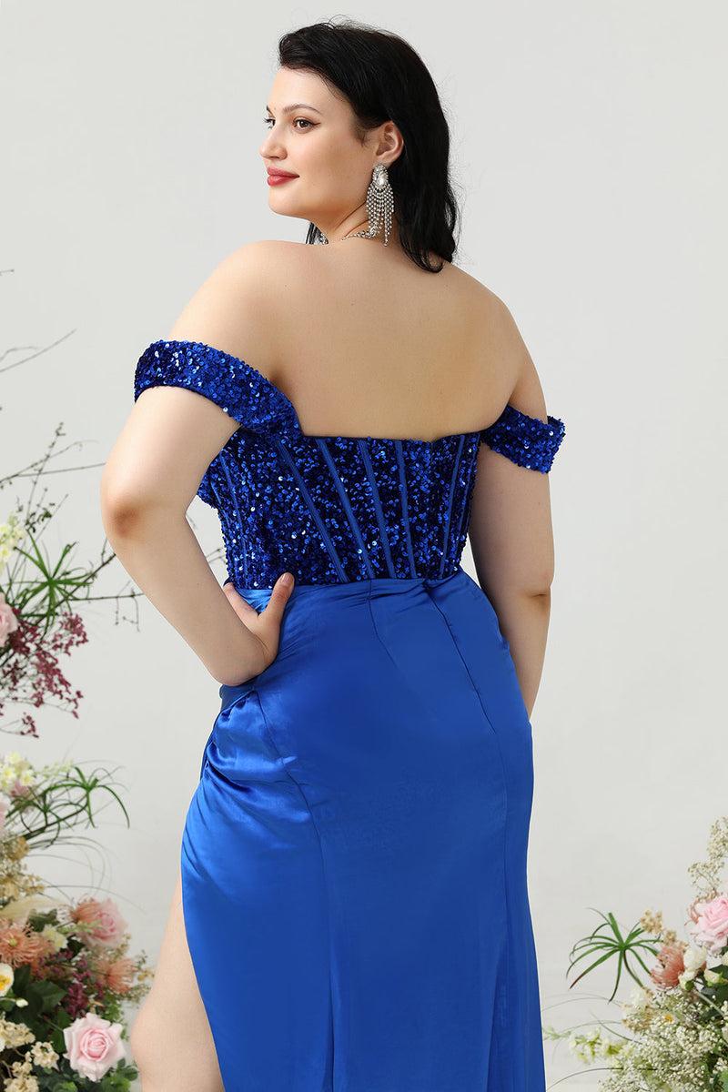 Load image into Gallery viewer, Sheath Off the Shoulder Royal Blue Plus Size Prom Dress with Split Front