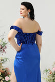 Sheath Off the Shoulder Royal Blue Plus Size Prom Dress with Split Front