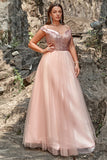 A Line Off the Shoulder Blush Plus Size Prom Dress