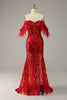 Load image into Gallery viewer, Mermaid Off the Shoulder Burgundy Plus Size Prom Dress with Feathers