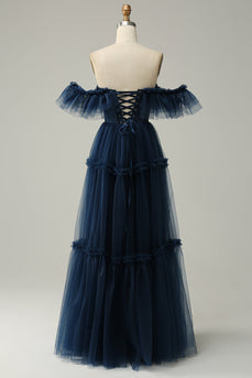 A-Line Off the Shoulder Sweetheart Tulle Navy Long Prom Dress