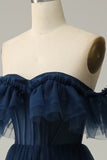 A-Line Off the Shoulder Sweetheart Tulle Navy Long Prom Dress