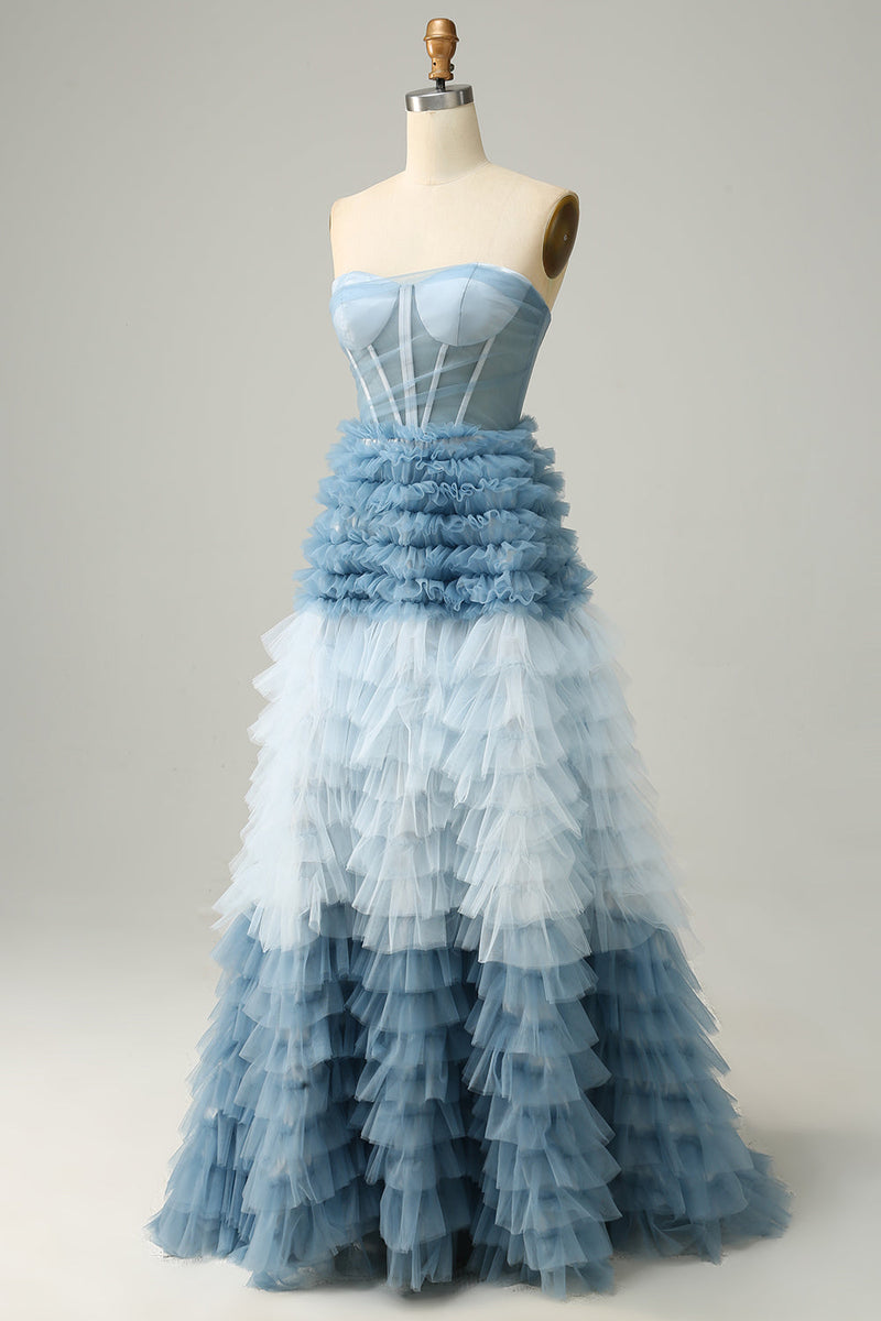 Load image into Gallery viewer, A Line Sweetheart Grey Blue Long Prom Dress with Ruffles