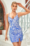 Blue Bodycon Graduation Dress with Appliques