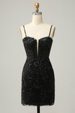 Sparkly Black Corset Sequins Tight Graduation Dress with Lace