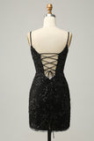 Sparkly Black Corset Sequins Tight Graduation Dress with Lace