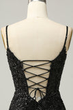 Sparkly Black Corset Sequins Tight Graduation Dress with Lace