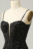 Sparkly Black Corset Sequins Tight Graduation Dress with Lace