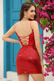 Sparkly Red Corset Sequins Tight Graduation Dress with Lace