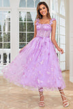 Unique A Line Purple Corset Prom Dress with Butterflies Appliques