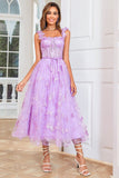 Unique A Line Purple Corset Prom Dress with Butterflies Appliques