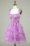 Cute A Line Sweetheart Purple Corset Graduation Dress with Appliques