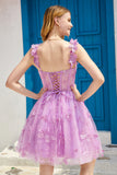 Purple A Line Corset Graduation Dress with 3D Butterflies