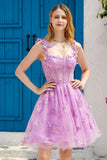 Purple A Line Corset Graduation Dress with 3D Butterflies