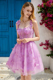 Purple A Line Corset Graduation Dress with 3D Butterflies