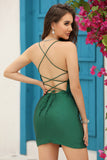 Sparkly Dark Green Beaded Tight Graduation Dress with Lace