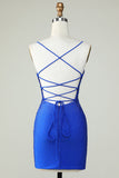 Sheath Spaghetti Straps Royal Blue Short Graduation Dress with Beading