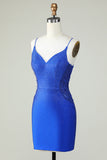 Sheath Spaghetti Straps Royal Blue Short Graduation Dress with Beading