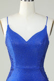 Sheath Spaghetti Straps Royal Blue Short Graduation Dress with Beading