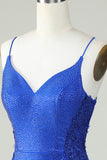 Sheath Spaghetti Straps Royal Blue Short Graduation Dress with Beading