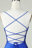 Sheath Spaghetti Straps Royal Blue Short Graduation Dress with Beading