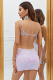 Sparkly Lilac Open Back Sequins Tight Short Graduation Dress