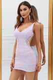 Sparkly Lilac Open Back Sequins Tight Short Graduation Dress