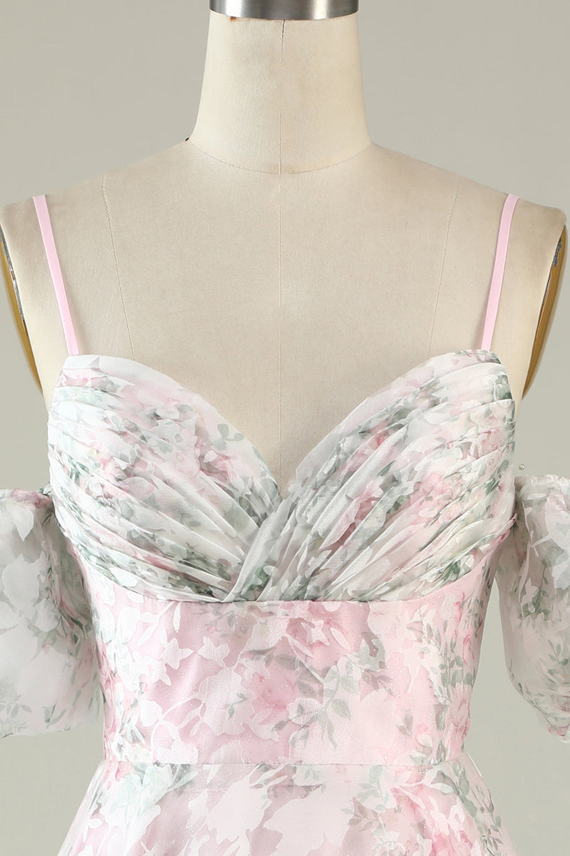 Load image into Gallery viewer, A-Line Cold Shoulder Flower Printed Pink Cocktail Dress