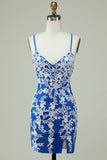 Spaghetti Straps Blue Sheath Graduation Dress With Appliques