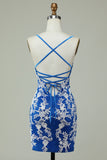 Spaghetti Straps Blue Sheath Graduation Dress With Appliques