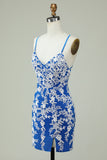 Spaghetti Straps Blue Sheath Graduation Dress With Appliques