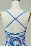 Spaghetti Straps Blue Sheath Graduation Dress With Appliques