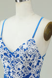 Spaghetti Straps Blue Sheath Graduation Dress With Appliques